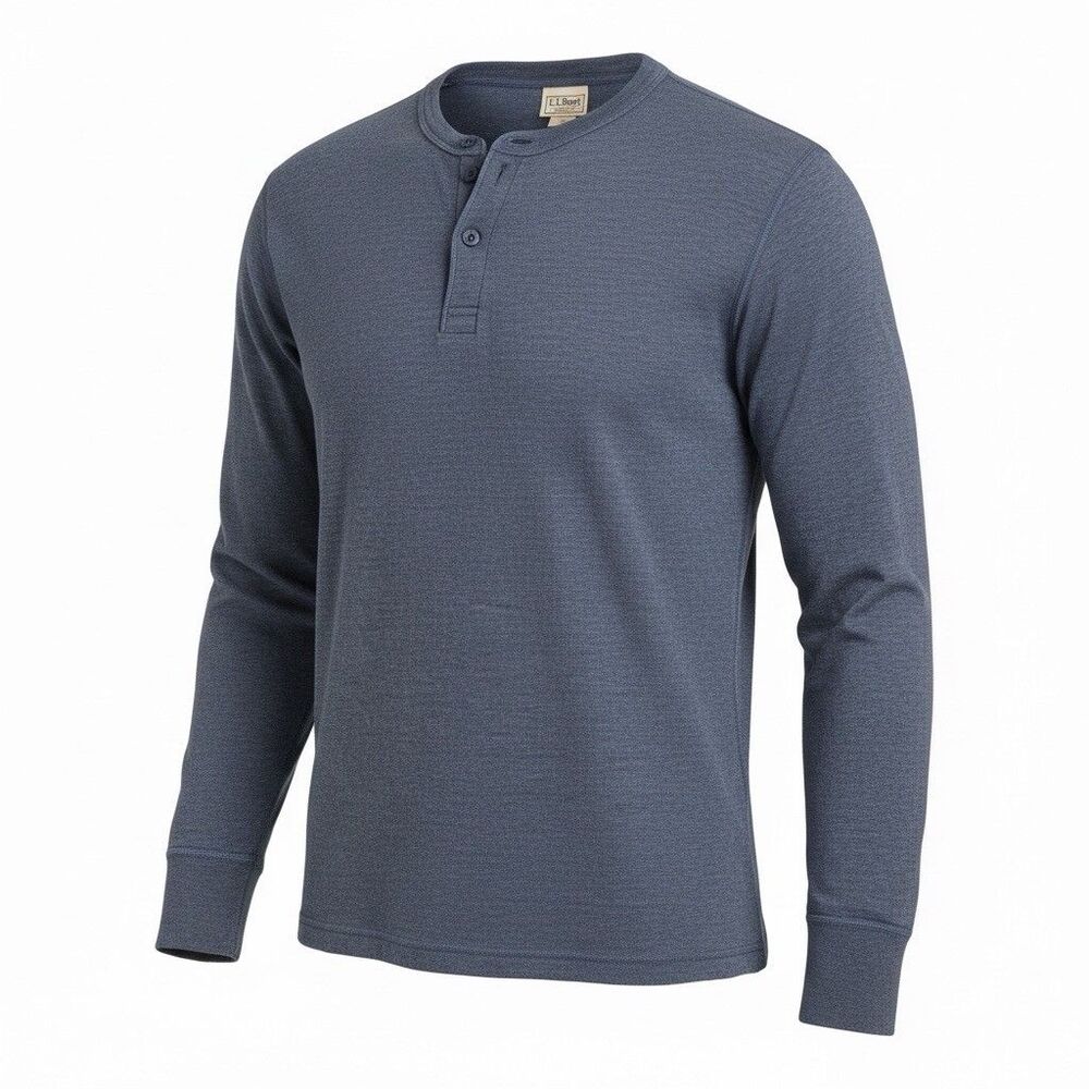 LL Bean Shirt Mens XL Blue Drivers Double Layer Henley Wool Blend Baselayer